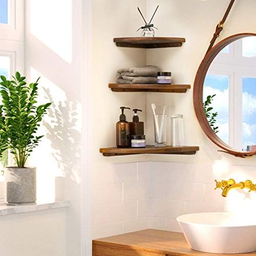 Corner Shelves, Floating Corner Shelf, Set of 3 Solid Oak Wood Corner Wall Shelves, Round End with Wire Hole Shelving fo