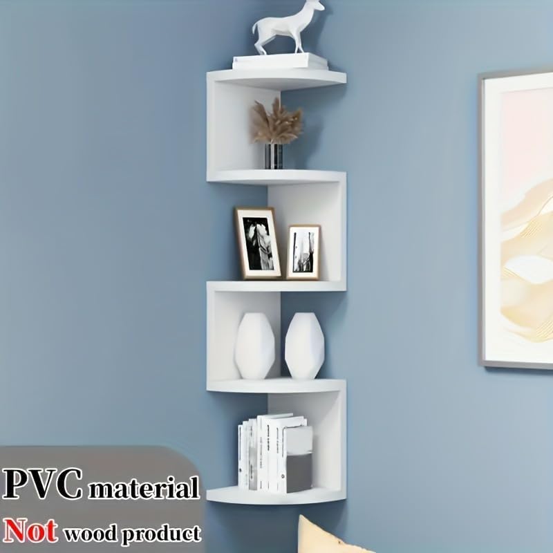 No-Drill Corner Shelf Wall Mount, 5-Tier Thickened 12mm Floating Bookshelf with Hooks, Space-Saving Zigzag Plant Shelf f