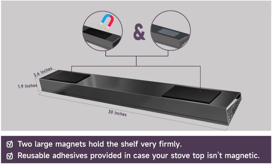 STUTOV 30" Magnetic Stove Top Shelf – Black Stainless Steel Spice Rack and Seasoning Organizer – Kitchen Shelf for Back 