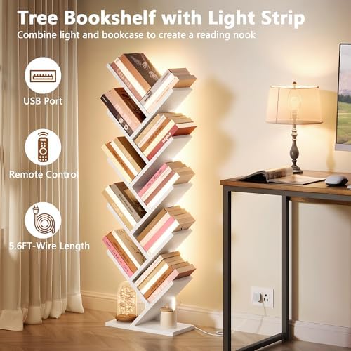 Hoctieon 10 Tier Tree Bookshelf with LED Lights, Small Bookcase, Freestanding Book Shelf, Display Floor Standing Storage