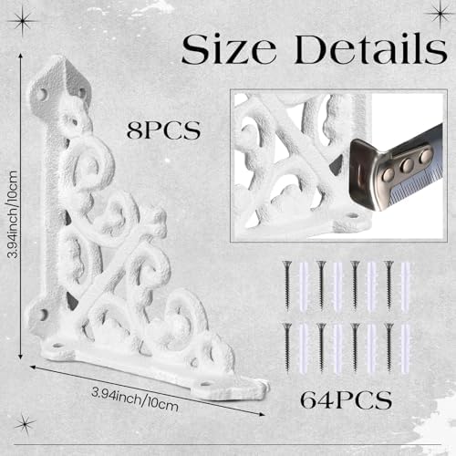 Blulu 8 Pcs Decorative Cast Iron Shelf Bracket L Vintage Bracket, White