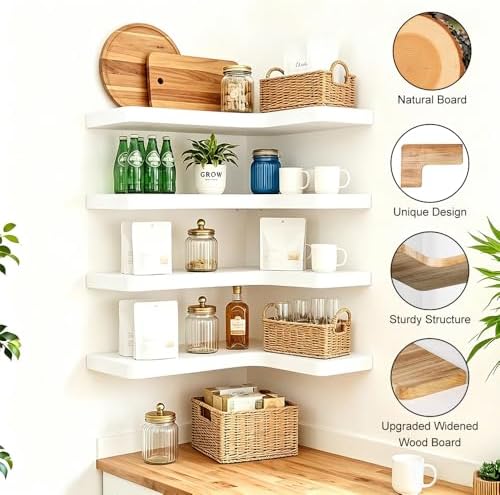 Floating Corner Shelves, Wall Shelf Set of 4, Shelves for Wall Storage, Solid Wood Shelves for Storage, Wall Mount Woode