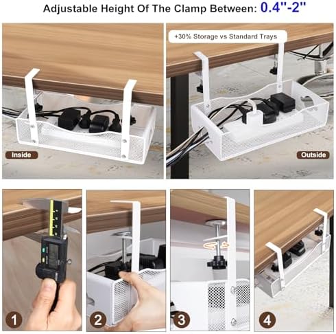 Extra Wide Under Desk Cable Management - 7inch No Drill Installation Cable Management Tray, Clamp/Screw Mount Desk Cable