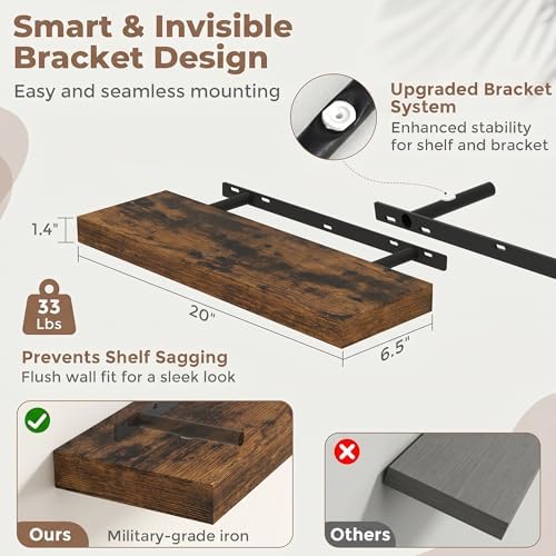 20 Inch Floating Shelves for Wall, 6.5"D Wood Storage Shelves, Brown Finish