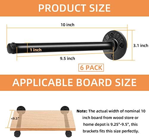 Pipe Shelf Brackets 10 Inch, Industrial Black Metal Wall Pipe Floating Shelf Bracket Heavy Duty Decorative Shelving Brac