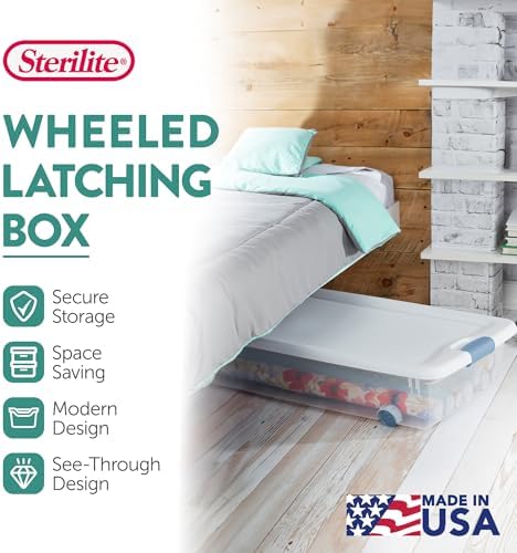 Sterilite 8-Pack Wheeled Latching Box, Plastic Under Bed Storage Bins with Lids, 56 Quart - Large Clear Stackable Tote O