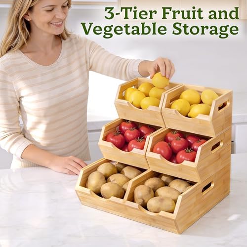 HOMESTEAD 3-Tier Bamboo Pantry Storage Bins – Stackable Potato & Onion Storage Bin with Handles, Fruit Basket & Produce 