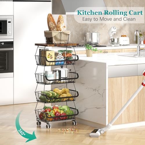 CHLORYARD Fruit Basket with Wooden Lid for Kitchen, 5-Tier Stackable Wire Fruit Vegetable Storage Basket Organizer Stand