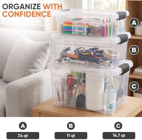 Superio 7.4 Quart Clear Plastic Storage Bin with Lid, Stackable Organizer Box, BPA-Free Storage Container for Home, Gara