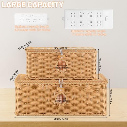 2 Pcs Handmade Cable Management Boxes Rattan Cable Organizer Large & Medium Cord Hider Organizer Boxes Power Strip Boxes