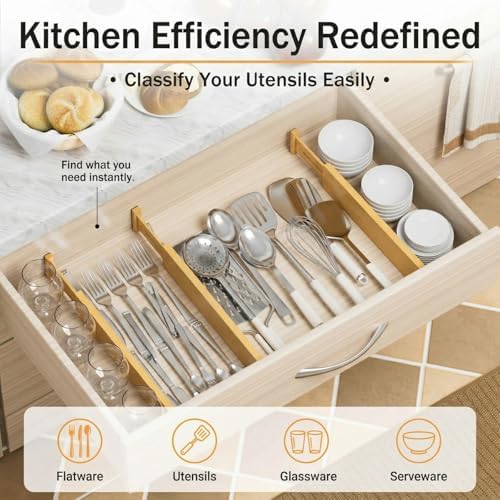 FUSHITON Bamboo Drawer Dividers 17"-22" Adjustable Expandable Drawer Organizers Spring Loaded Drawer Separators for Kitc