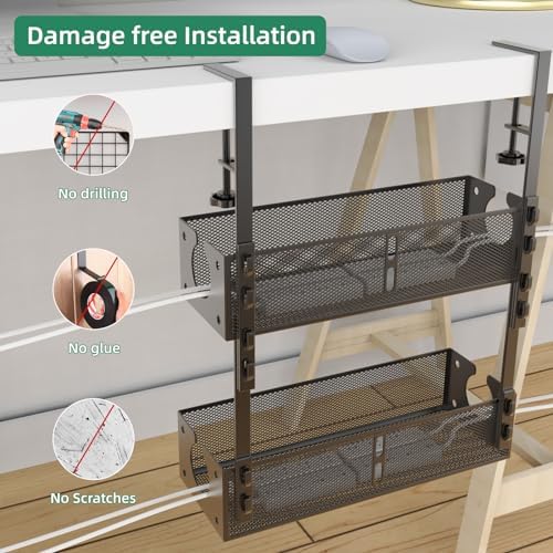 Multi-Model Under Desk Cable Management 2 Pack Metal Under Desk Wire Management Tray Clamp Mount Under Table Cord Manage
