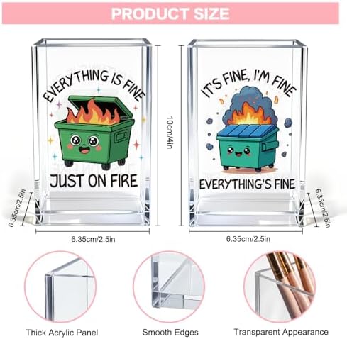 Everything is Fine Just On Fire Acrylic Pencil Pen Holder Cup Set 2, Cute Pencil Holder Desk Organizer, Funny Dumpster Fire Desk Accessories, Sarcastic Office Gifts for Women Coworkers Teachers