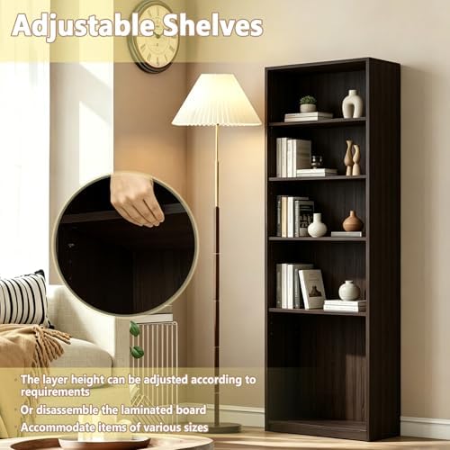 CTESNE【2026 Adjustable Shelves 5-Tier Bookcase, 71 inches, Wooden Open Display Floor Bookshelf (Chocolate Color)