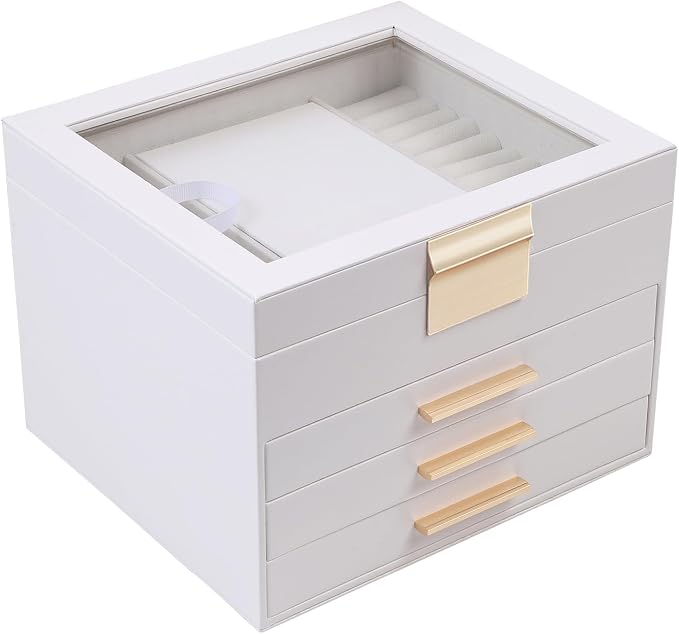 BOOVO Clear Lid Jewelry Box,3 Layers Jewelry Organizer Large Jewelry Storage Box with 2 Drawers,Jewelry Holder Organzier of Rings Earrings Necklace Bracelets for Women (White, 4 Layer)