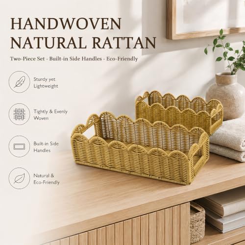 2-Piece Rattan Toilet Paper Baskets, Scalloped Edge Organizer