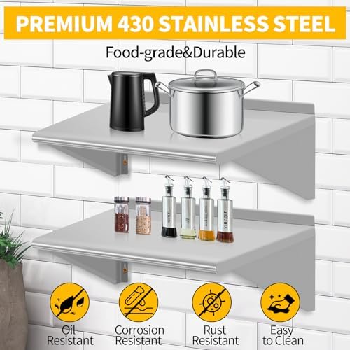 12" D x 24" W Stainless Steel Wall Mounted Shelves, 2 Packs Floating Shelving with Brackets, Commercial Shelf Perfect fo