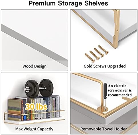 Shario White Floating Shelves - Set of 2, Wall Mounted Hanging Shelves with Golden Towel Rack, Decorative Storage Shelve