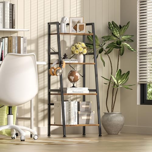 4-Tier Bookshelf, Ladder Shelf, Stand Up Shelves, Industrial Bookcase with Steel Frame, Metal Small Bookcase, for Living