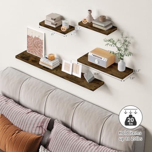 24 Inch Rustic Floating Shelves for Wall, Dark Wood Wall Mounted Shelves