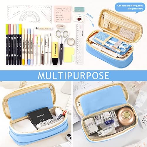 KPX Big Capacity Pencil Pen Case Bag with Zipper Office College School Storage Large Capacity Bag Pouch Holder Box Organizer Colorful (Light Blue)