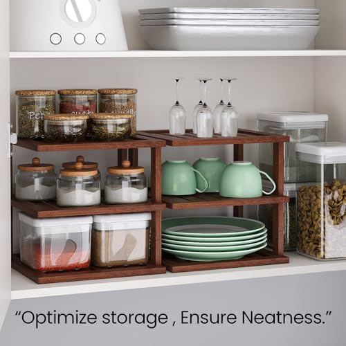 2 Pack Bamboo Corner Shelf,3 Tier Kitchen Cabinet Organizer for Plates and Dishes,Pantry Storage and Spice Rack（Brown）