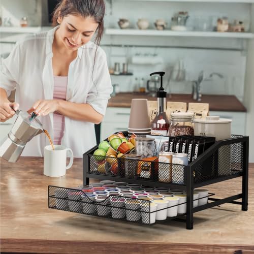 Homsorout Coffee Bar Organizer, Metal & Wood Coffee Station Holds 42 K Cup