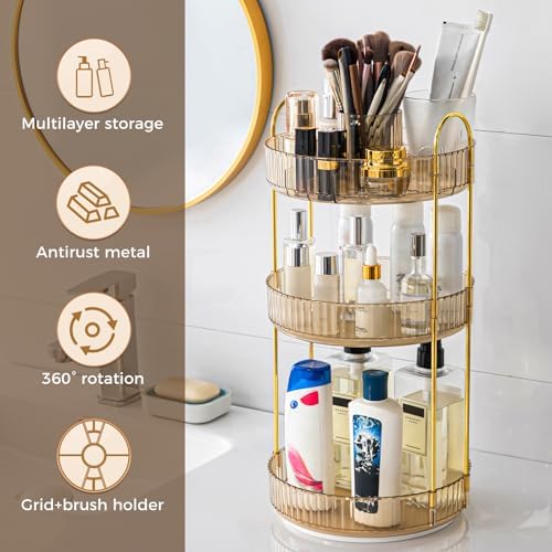 360° Rotating Makeup Organizer, Upgraded 3 Tier Skincare Perfume Organizers for Women, Bathroom Organizer Countertop, Cl