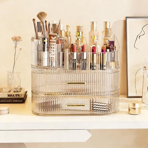 Makeup Organizer with 360 Rotating Brush Holder and Stackable Drawers, Cosmetic Display Case for Vanity, Bathroom Counte