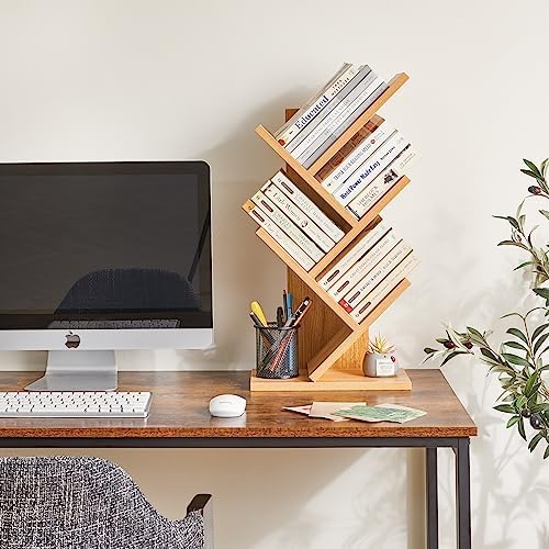 YMYNY 4 Tier Tree Bookshelf, Small Bookcase, Modern Wood Book Storage Rack, Freestanding Book Shelf for Books/Movies/CDs