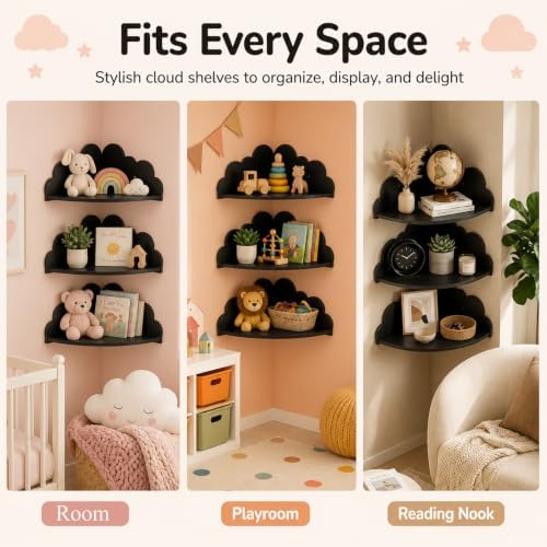Cloud Corner Floating Shelves, Set of 3 Wall Mounted Shelves, Black