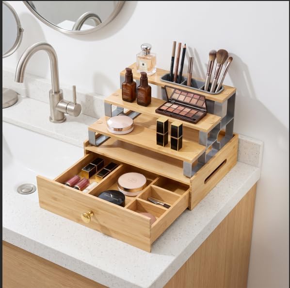 Makeup Organizer with 6‑Compartment Drawer & Makeup Brush Holder