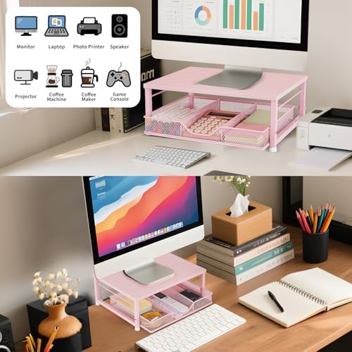 Small Pink Laptop Stand for Desk, Monitor Stand, Office Desk Accessories, Computer Desktop Stand with Drawer for Home, O