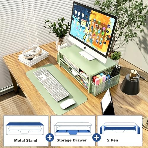 OPNICE Desk Organizers and Accessories, Computer Monitor Stand Riser with Drawer and 2 Pen Holders, Printer & Laptop Sta