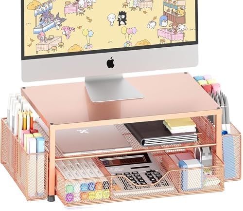 OPNICE Desk Organizer and Accessories, 2-Tier Computer Monitor Stand Riser with Drawer and 2 Pen Holders, Laptop Stand, 