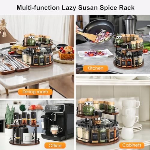 Turntable Lazy Susan Organizer Spice Rack, 2Tier Wooden Spinning Revolving Organizer Height Adjustable,12'' Seasoning Ro