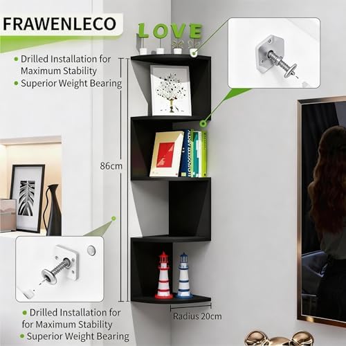5-Tier Corner Shelf Wall Mount, Screw-Mounted Floating Bookshelf with Enhanced Support, Space-Saving Zigzag Shelf for Be