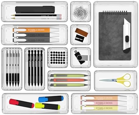 Cetomo 14 Pcs Drawer Organiser Set, Plastic Storage Organizer, Drawer Dividers, Adjustable and Expandable, Container Tray for Kitchen Utensils, Cosmetic, Makeup, Gadgets, Clear, 4 Size-14 Pack
