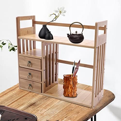 Bamboo Desk Book Shelf,Desktop Bookshelf Storage Rack Tabletop Standing Organizer Bookshelf with 3 Drawers,Freestanding 