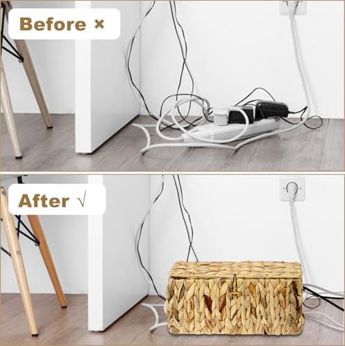 BTSKY Woven Cable Management Box with Lid Water Hyacinth Cord Organizer, L