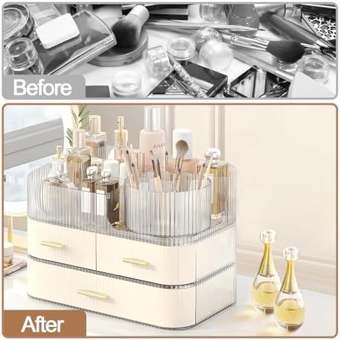 DASITON Makeup Organizer with Drawers and Rotating Makeup Brush Holder,Large Capacity Stackable Cosmetic Organizer Count