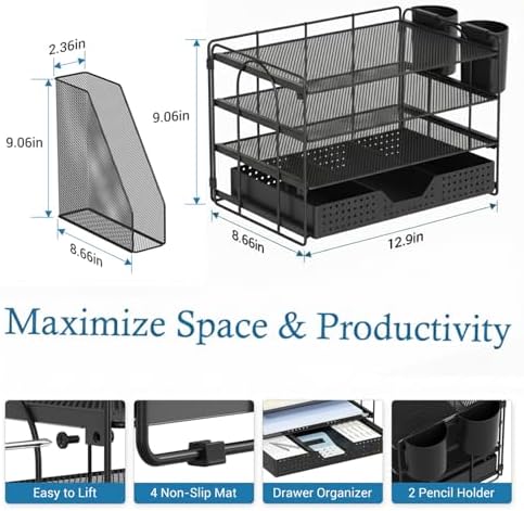 ECOLOVI Desk Organizer, 4-Tier Paper Organizer Letter Tray with File Holder, Drawer and 2 Pen Holders, Desktop File Organizer for Office Supplies, Workspace Storage, Black