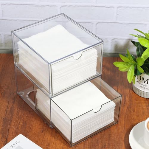 Rainmae 2 Pack Disposable Face Towel Holder, Face Towel Storage Box, Stackable Clear Makeup Organizer with Drawer for Cl