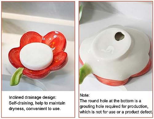 Self-Draining Soap Dish Ceramic Cute Bar Soap Holder for Countertop, Kitchen, Bathroom, Bedroom, Peach Blossom, Red