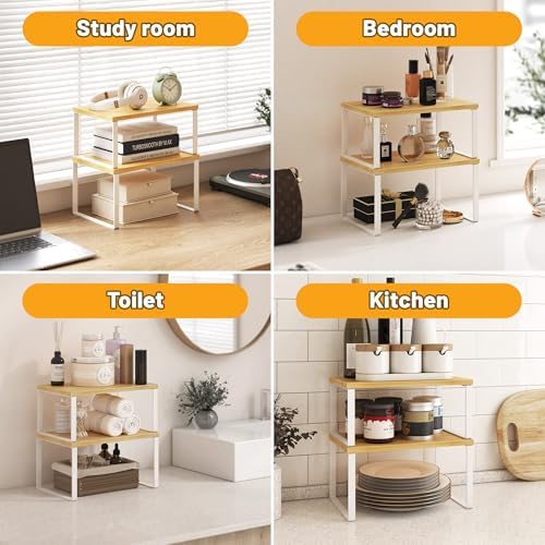 Kitchen Cabinet Organizer Shelf Set of 4, Sturdy Kitchen Counter Shelves with Metal Legs, Stackable Expandable Wood Spic