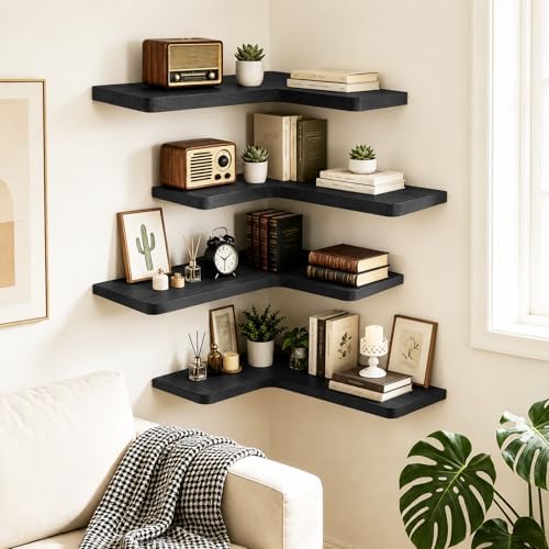 Solid Wood Corner Floating Shelves, L-Shaped, Black, Set of 4