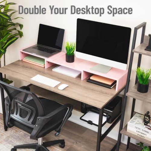 Mind Reader Dual Monitor Stand, Desktop Organizer, Laptop Riser, Office, MDF, 51.25"L x 9.25"W x 4.75"H, Pink