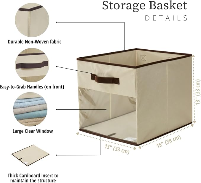 DECOMOMO Storage Bins, Cube Storage Bin with Window | 13x15x13", 6 Pack, Fabric Storage Cubes for Shelves (Beige)