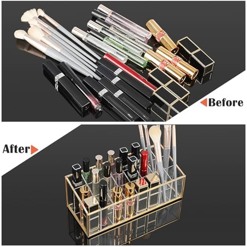 ELLDOO Rollerball Perfume Organizer, 24 Acrylic Spaces Glod Glass Perfume Storage Holder Beauty Scent Holder, Makeup Lip