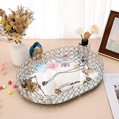 Hipiwe Crystal Vanity Tray, Mirrored Dresser Perfume Trays for Makeup Tray Cosmetic Skin Care Storage, Jewelry Trinket O